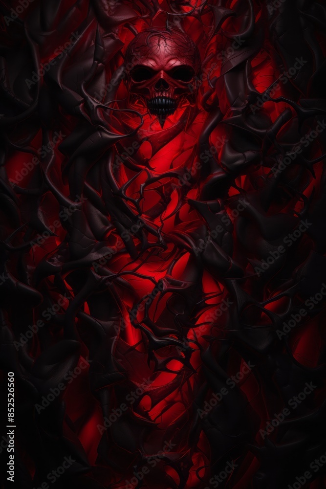 Wall mural a red skull surrounded by black and red swirls