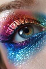 Vibrant Eyeshadow: A close-up of the model's eyes featuring vibrant, colorful eyeshadow. The look is bold and creative. Fashion, beauty, cosmetics.