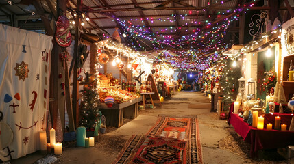 Christmas Market Stall with Lights and Decorations - Photo