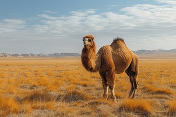 A Bactrian camel standing in the Gobi Desert, its thick, shaggy coat and two humps adapted to the harsh, arid environment. 