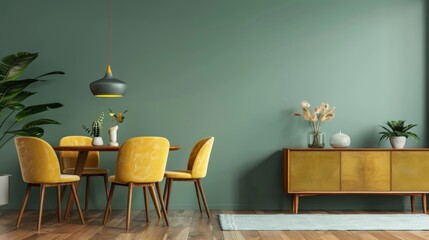 Yellow color chairs at round wooden dining table in room with sofa and cabinet near green wall. Scandinavian, mid-century home interior design of modern living room.