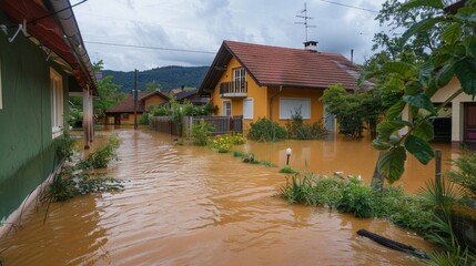 Naklejka premium consequences of a flood in a small town or village. private houses and streets in water after a dam break or rainstorms