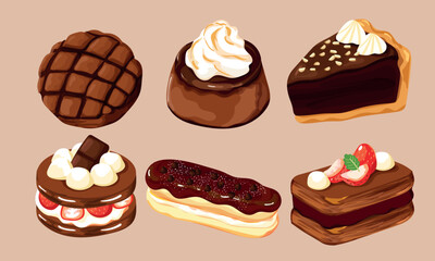 Collection of Chocolate Pastry , bakery and dessert vector illustration