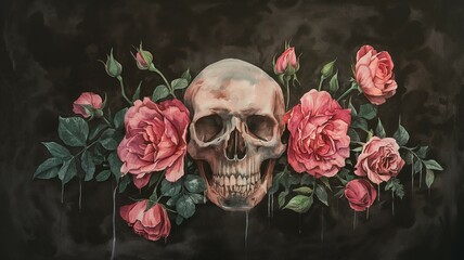 Watercolor abstract background with roses and skull
