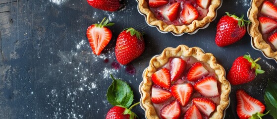 Fresh homemade strawberries tarts with copy space. Rhubarb pie day. Delicious food