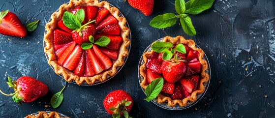 Fresh homemade strawberries tarts with copy space. Rhubarb pie day. Delicious food