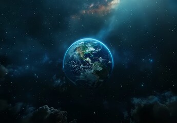 Obraz premium The earth floating in space with a blue color scheme 