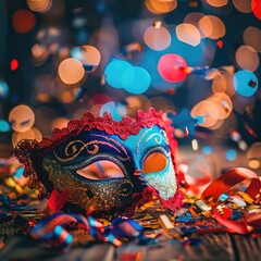 Brazilian Carnival Mask on a Table with Confetti: Vibrant and Festive Celebration Scene