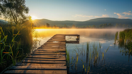 A wooden bridge overlooking the lake. Wooden bridge over a foggy lake