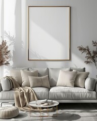 blank poster on grey wall in living room with sofa, plants and lights,  mock up, layout concept. space for your design.