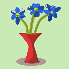 Vector illustration of flowers with blue flowers and green stem in red vase. Flowers in a vase, illustration, room decoration, summer, spring.
