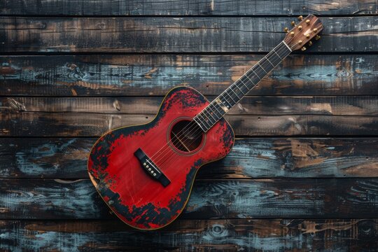 Vintage Red Acoustic Guitar on Rustic Wooden Wall
