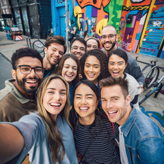 Diverse Group of Friends Smiling in Front of Colorful Street Art Mural