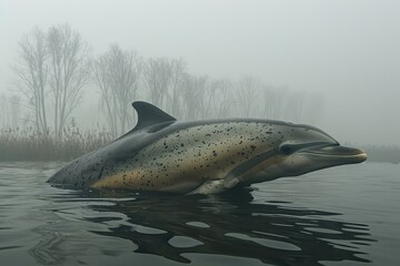 Obraz premium A Baiji river dolphin swimming in the murky waters of the Yangtze River, its elongated beak and graceful movements captured underwater. 