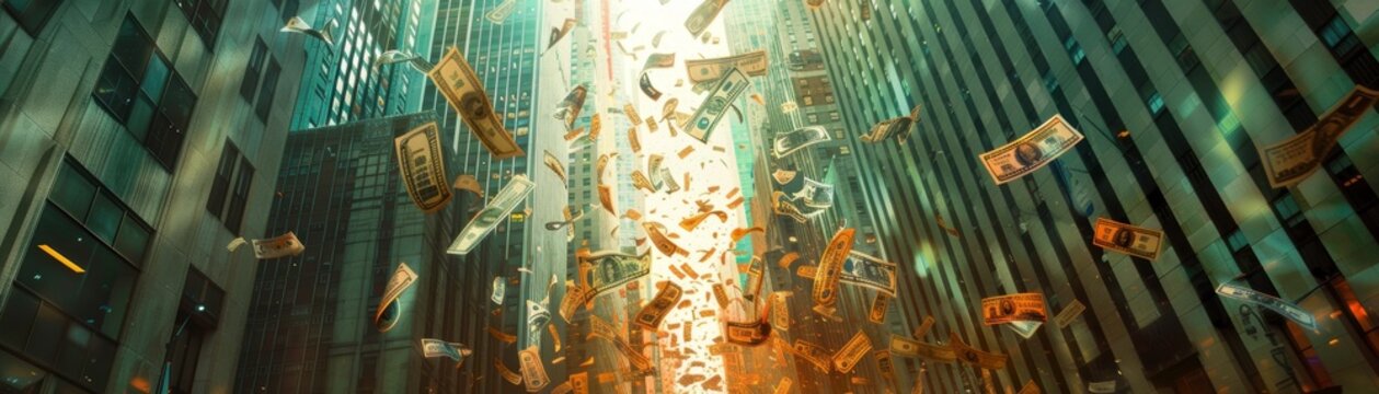 money drop from air to people in the city comeliness, concept of recession rescue by monetization economy