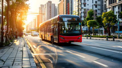 Naklejka premium Red Bus Driving Through City Streets During Sunset - Photo