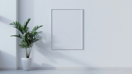Contemporary white room featuring a blank poster frame and a lush indoor plant, minimal decor emphasizing simplicity and elegance, bright and airy ambiance