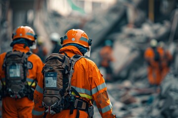 Rescue Workers Operating in Earthquake Rubble Scene