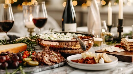 Cozy, elegant fondue dinner setup with a stunning copper fondue pot, assorted cheeses, dipping items, and fine wine, candlelight creating a warm and inviting atmosphere
