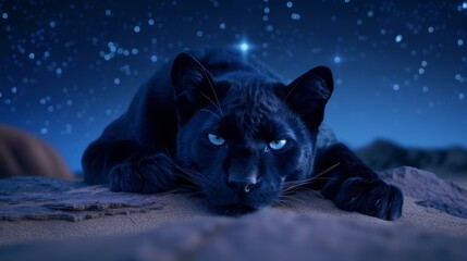 Black panther, body melting, claws extended, eyes glowing fiercely, appearing from the ancient desert's night-time darkness, celestial bodies shining brightly