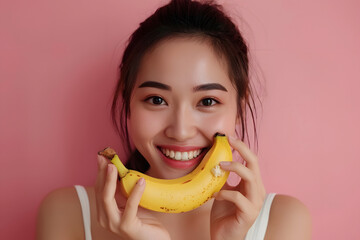 Happy asian young woman eating banana on background.