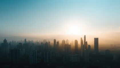 A stunning panoramic view of a city skyline at sunrise, shrouded in mist, capturing the serenity and beauty of the urban landscape.