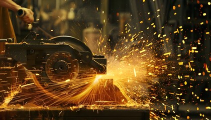 Industrial Grinder and Sparks. Industrial grinder showers sparks while working with metal