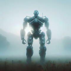 Fototapeta premium A large robot standing in the middle of a foggy field.