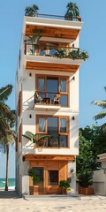 Fototapeta premium A three-story house with a modern design and a beautiful view of the beach