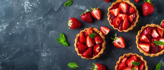 Fresh homemade strawberries tarts with copy space. Rhubarb pie day. Delicious food
