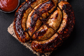 Delicious grilled sausage in the form of a ring with salt, spices