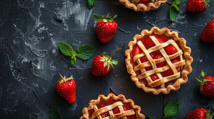 Fresh homemade strawberries tarts with copy space. Rhubarb pie day. Delicious food