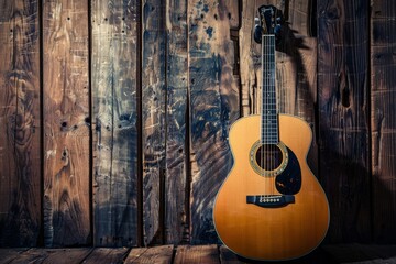 Authentic Acoustic Guitar on Vintage Wooden Texture. Music and Creativity concept