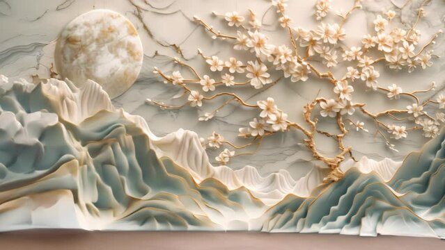 3D wallpaper with a white tree and golden leaves, a marble background with a landscape.