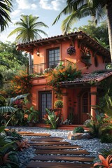 Fototapeta premium A beautiful house with a garden full of plants and flowers