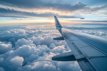 Fototapeta premium Airplane Wing Above the Clouds at Sunrise