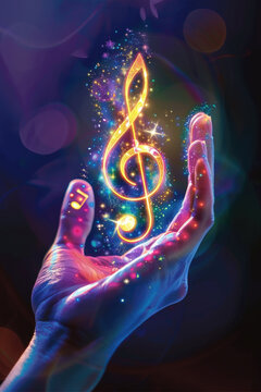 A hand reaches up, cupped, holding a glowing treble clef that shimmers with light and stars