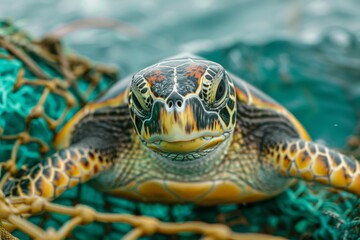 Obraz premium Sea Turtle in Fishing Net