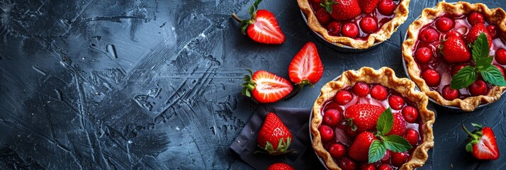 Fresh homemade strawberries tarts with copy space. Rhubarb pie day. Delicious food