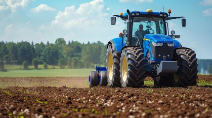 The blue tractor in field