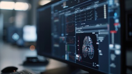Close-up of a computer monitor displaying brain scan images and data analysis in a scientific or medical research setting.