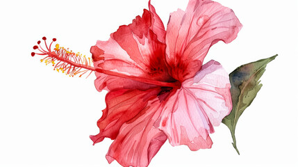 A delicate hibiscus flower in rich red and pink tones, simple watercolor illustration isolated on a white background 