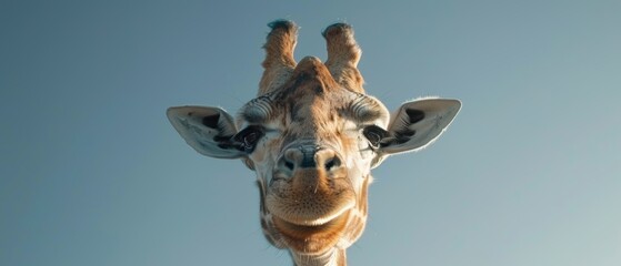Naklejka premium Close-up of a curious giraffe looking directly into the camera against a clear blue sky background, showcasing its unique facial features.
