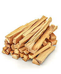 A pile of split firewood on a white background.