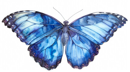 Fototapeta premium A majestic blue morpho butterfly with vibrant blue wings, simple watercolor illustration isolated on a white background 