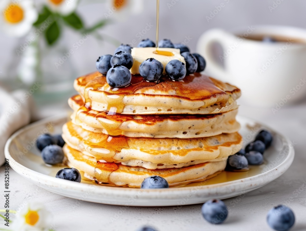 Wall mural delicious homemade pancakes with blueberries and maple syrup - Wall murals