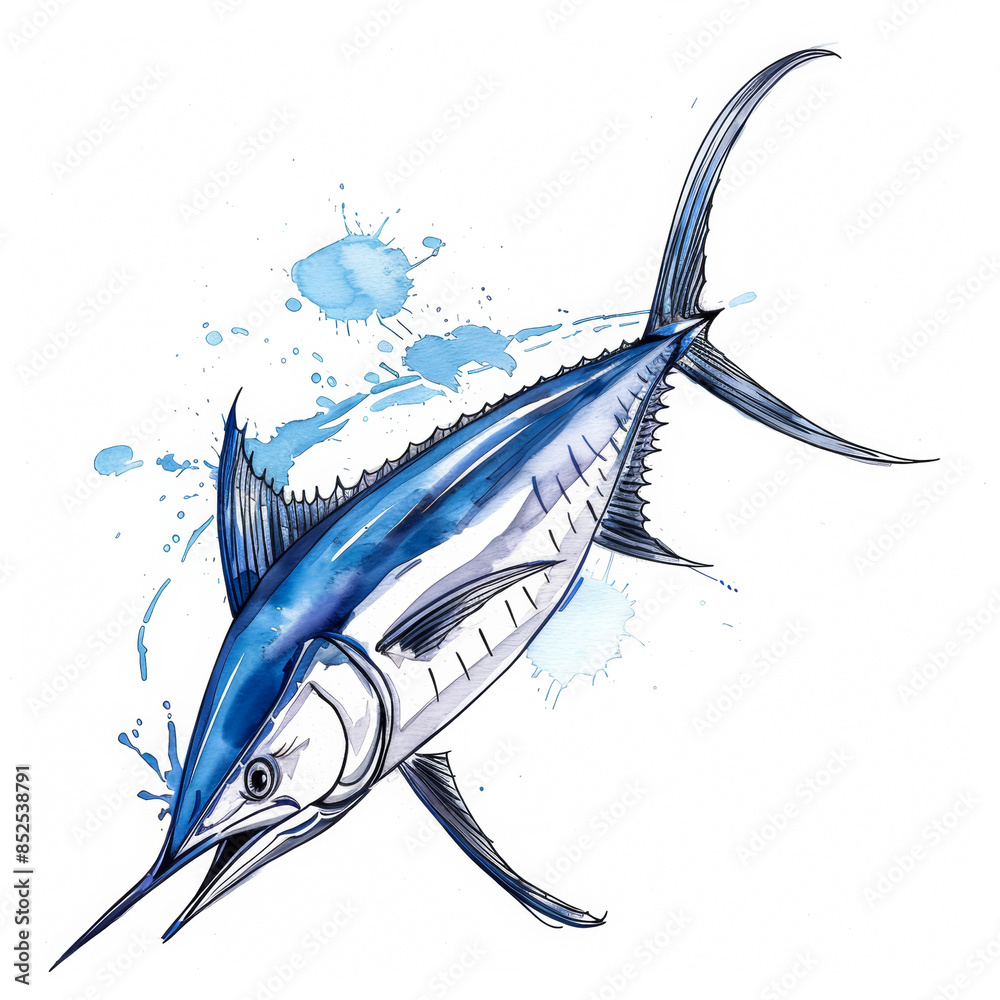 Poster A majestic marlin with sleek silver and blue stripes, cute cartoon ink watercolor illustration isolated on a white background