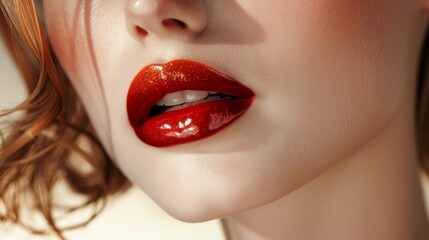 Obraz premium Bold Lips: A detailed shot of a models lips with bold vibrant lipstick. Fashion. Beauty. Cosmetics.