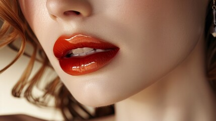 Bold Lips: A detailed shot of a models lips with bold vibrant lipstick. Fashion. Beauty. Cosmetics.