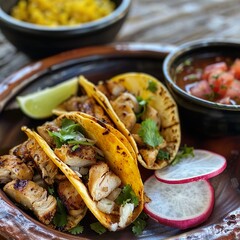 Three small corn tortillas filled with grilled chicken, onions, cilantro, and a splash of lime juice. Served with radish slices and a small bowl of salsa